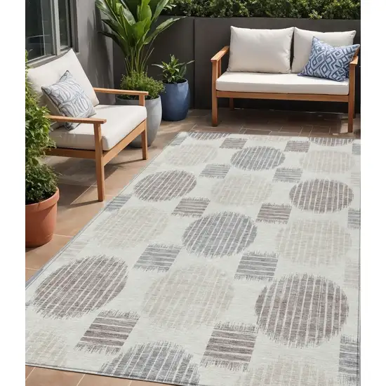 Ivory Brown And Gray Geometric Washable Indoor Outdoor Area Rug Photo 1