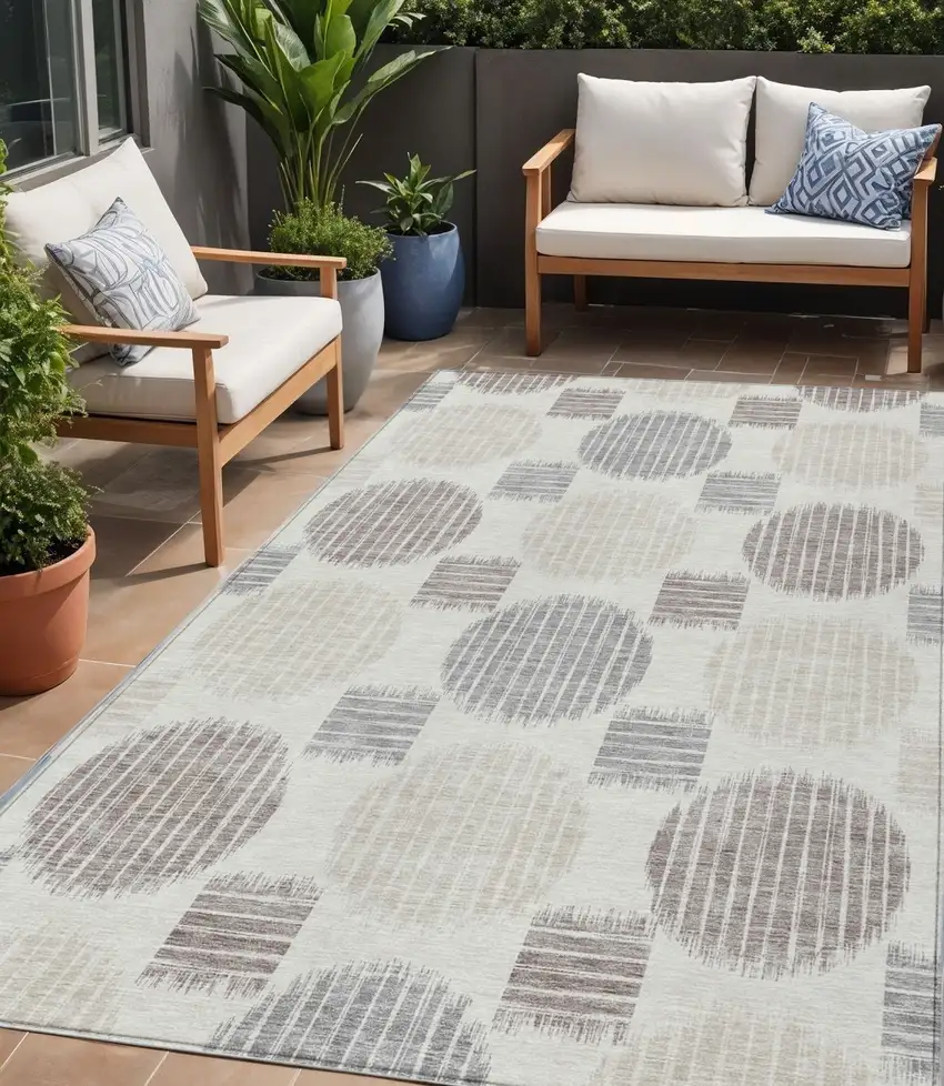 Ivory Brown And Gray Geometric Washable Indoor Outdoor Area Rug Photo 1