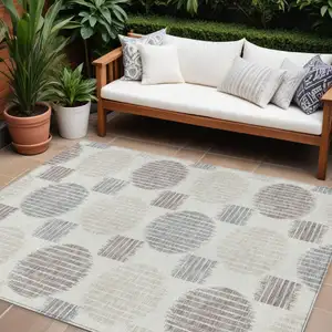 Photo of Ivory Brown And Gray Geometric Washable Indoor Outdoor Area Rug