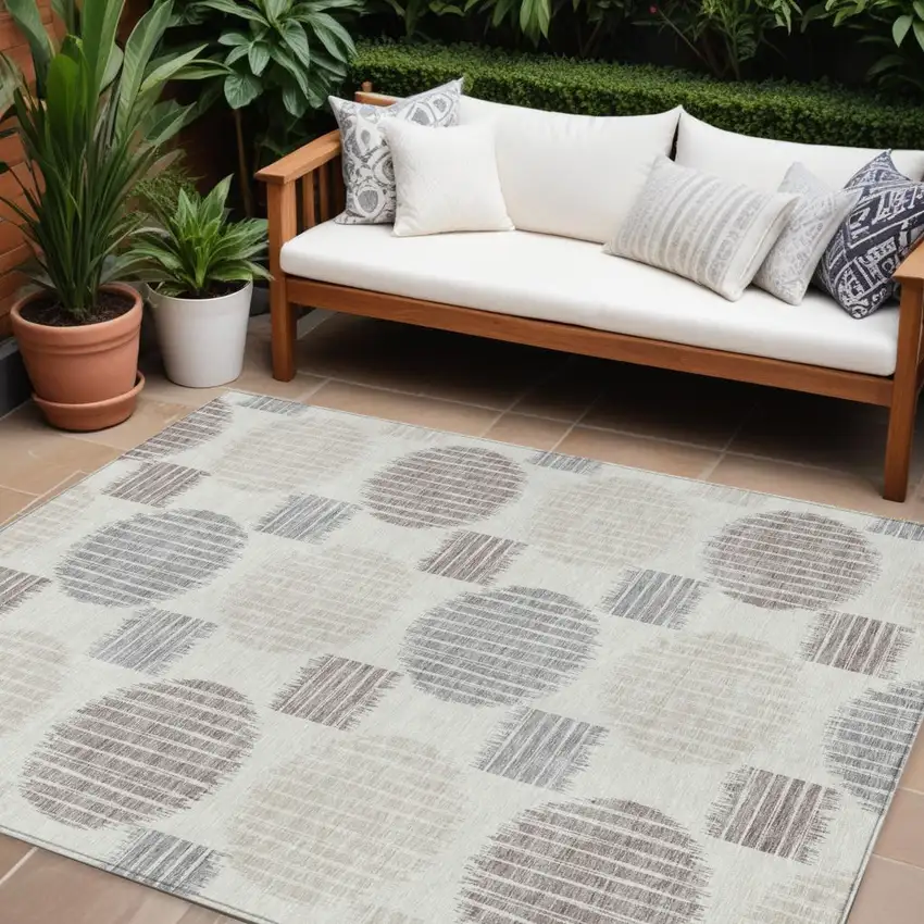 Ivory Brown And Gray Geometric Washable Indoor Outdoor Area Rug Photo 1