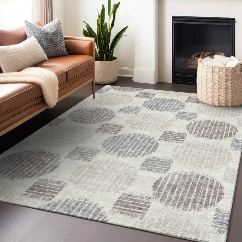 Ivory Brown And Gray Geometric Washable Indoor Outdoor Area Rug Photo 8