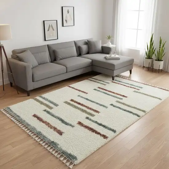 Ivory Brown And Gray Striped Shag Area Rug With Fringe Photo 1