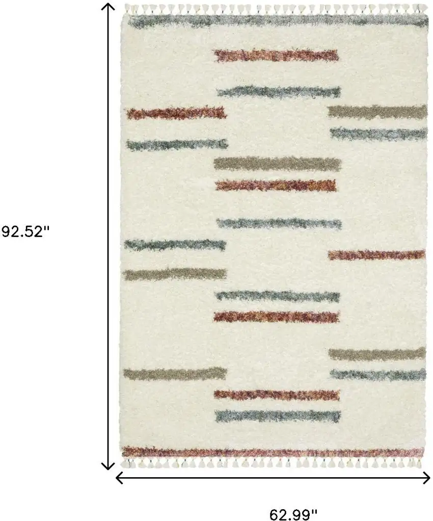 Ivory Brown And Gray Striped Shag Area Rug With Fringe Photo 8