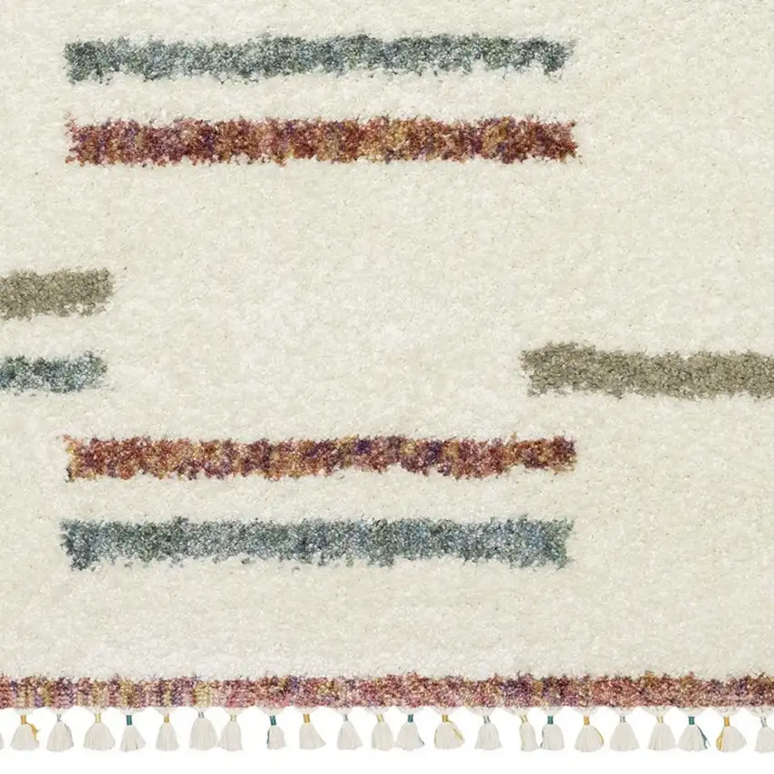 Ivory Brown And Gray Striped Shag Area Rug With Fringe Photo 5