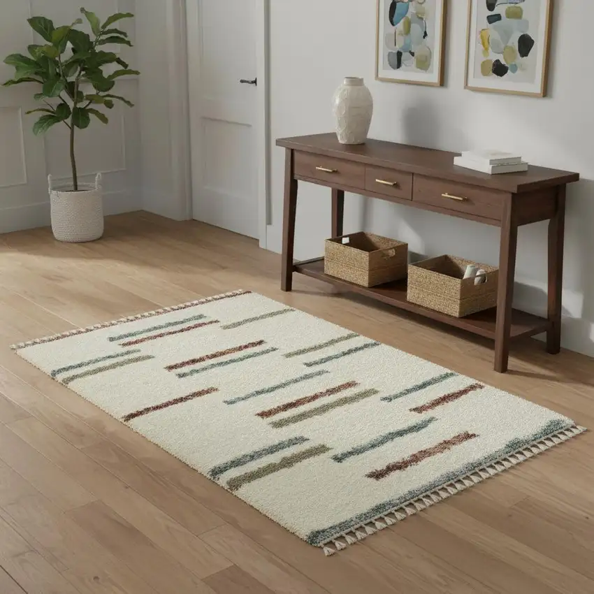 Ivory Brown And Gray Striped Shag Area Rug With Fringe Photo 1