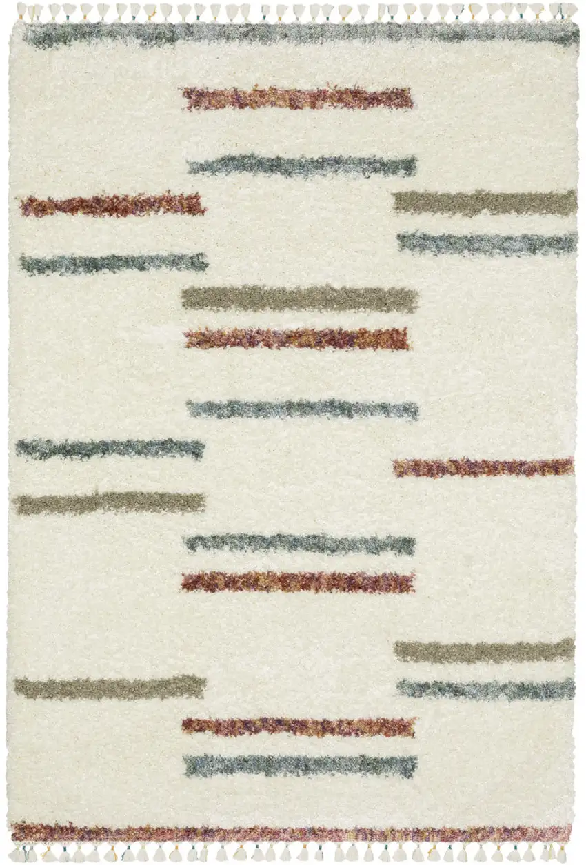 Ivory Brown And Gray Striped Shag Area Rug With Fringe Photo 2