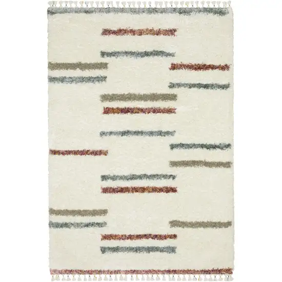 Ivory Brown And Gray Striped Shag Area Rug With Fringe Photo 3