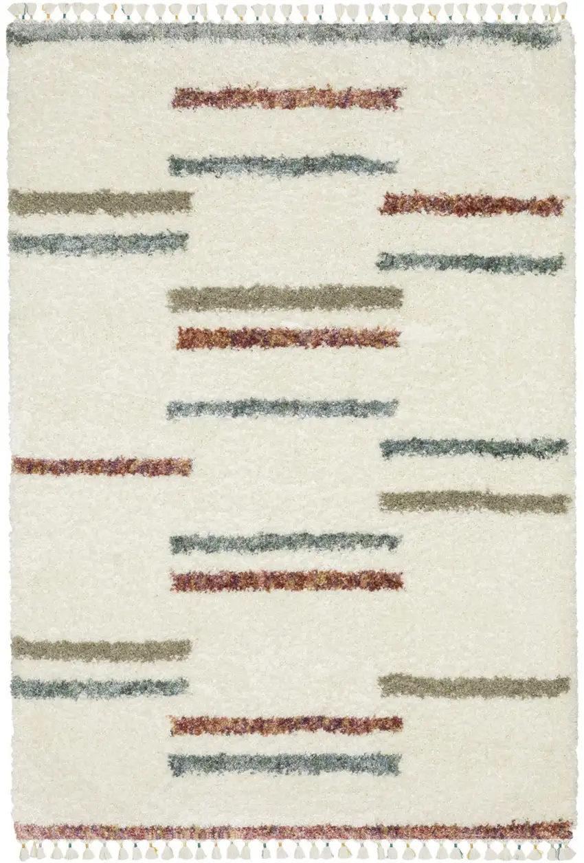 Ivory Brown And Gray Striped Shag Area Rug With Fringe Photo 3