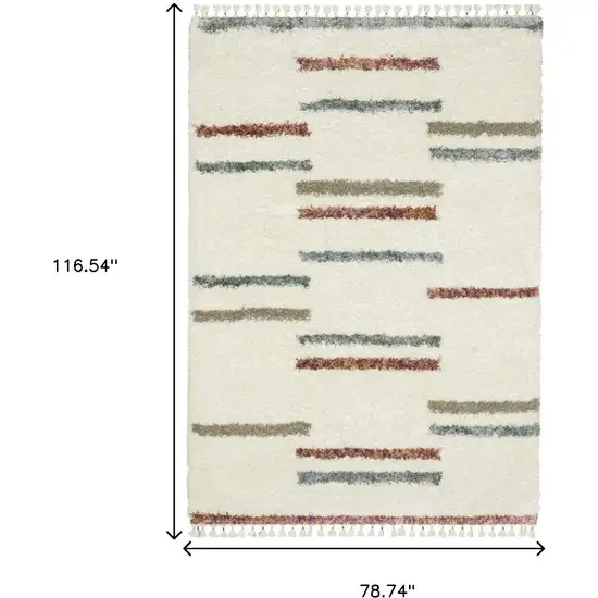 Ivory Brown And Gray Striped Shag Area Rug With Fringe Photo 9