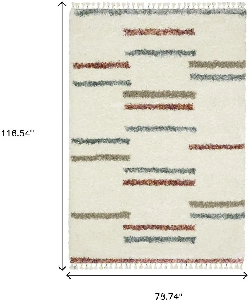 Ivory Brown And Gray Striped Shag Area Rug With Fringe Photo 9