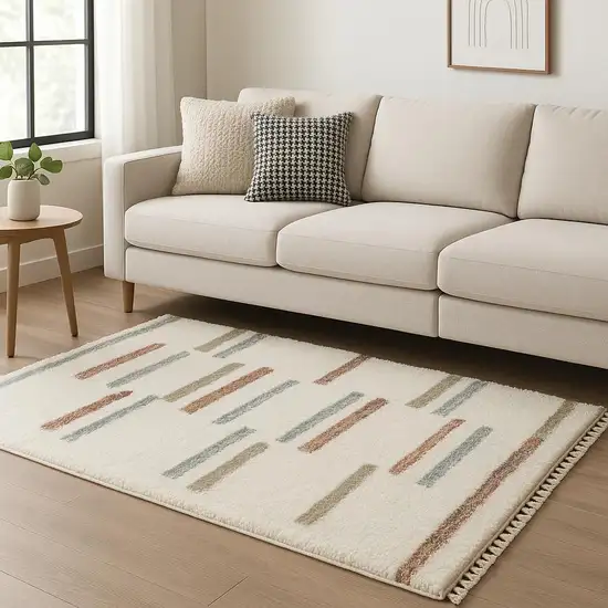 Ivory Brown And Gray Striped Shag Area Rug With Fringe Photo 1