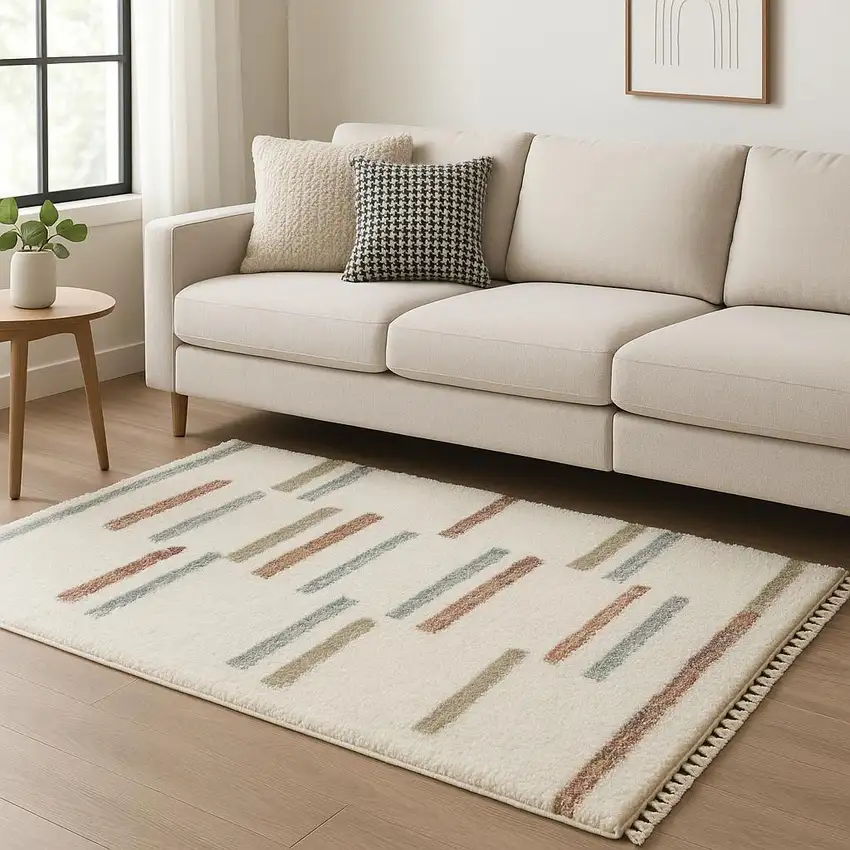 Ivory Brown And Gray Striped Shag Area Rug With Fringe Photo 1