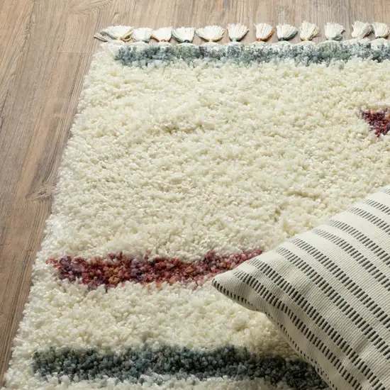 Ivory Brown And Gray Striped Shag Area Rug With Fringe Photo 8