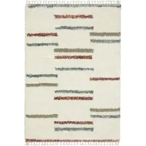 Photo of Ivory Brown And Gray Striped Shag Area Rug With Fringe