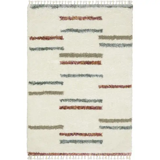 Ivory Brown And Gray Striped Shag Area Rug With Fringe Photo 3