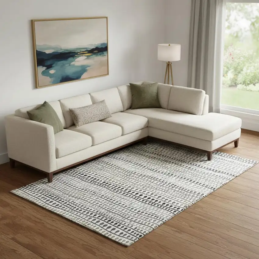 Ivory Brown And Gray Striped Washable Area Rug With UV Protection Photo 1