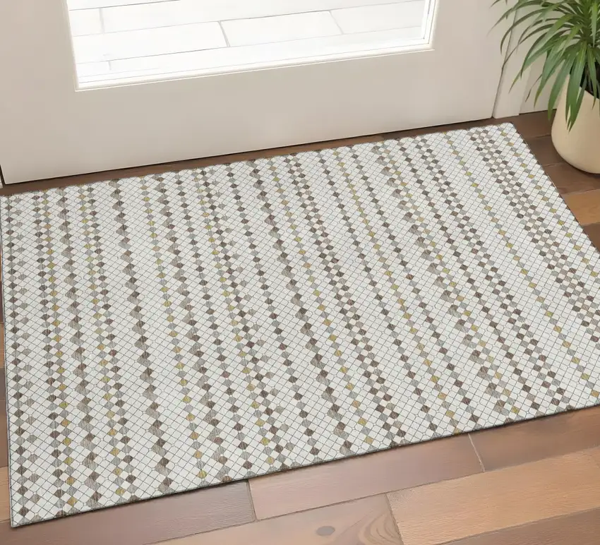 Ivory Brown And Gray Striped Washable Area Rug With UV Protection Photo 1