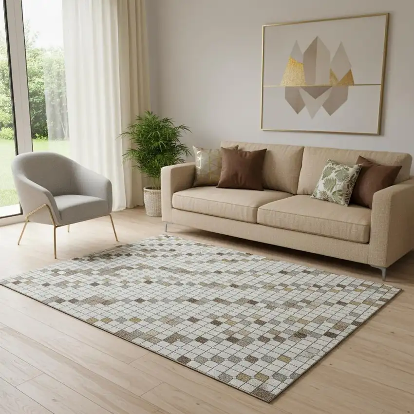 Ivory Brown And Gray Striped Washable Area Rug With UV Protection Photo 2