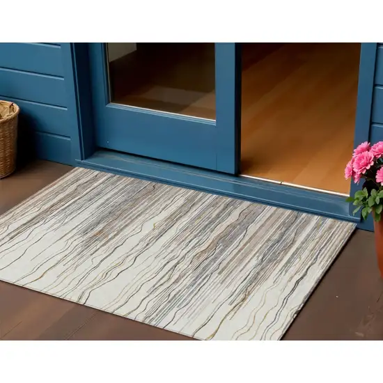 Ivory Brown And Gray Striped Washable Indoor Outdoor Area Rug Photo 1