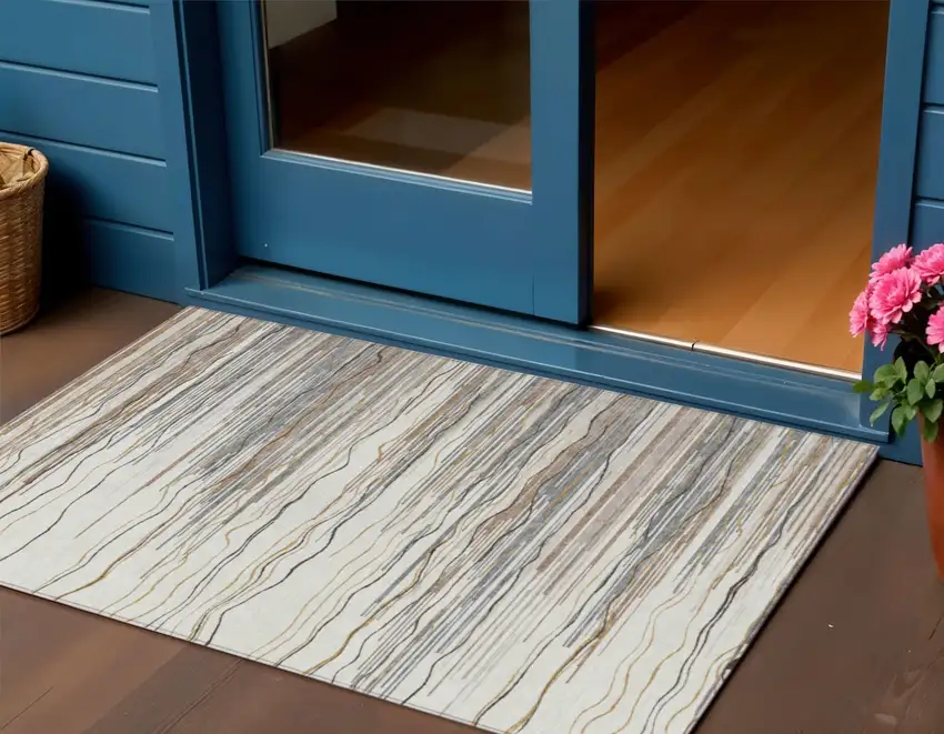 Ivory Brown And Gray Striped Washable Indoor Outdoor Area Rug Photo 1