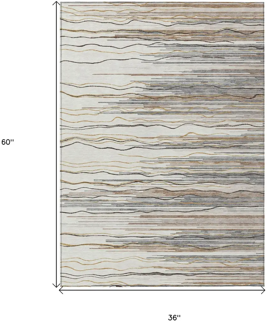 Ivory Brown And Gray Striped Washable Indoor Outdoor Area Rug Photo 3