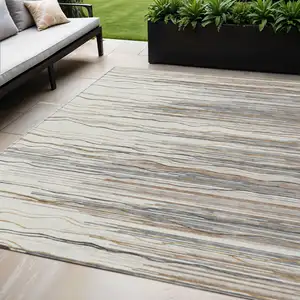 Photo of Ivory Brown And Gray Striped Washable Indoor Outdoor Area Rug