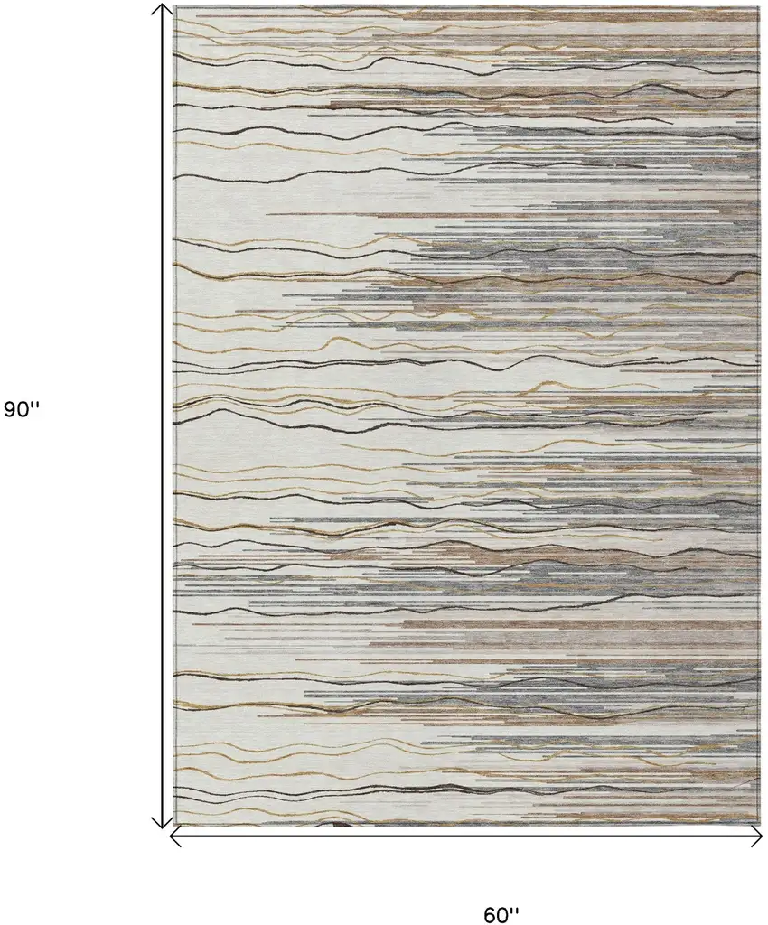 Ivory Brown And Gray Striped Washable Indoor Outdoor Area Rug Photo 3