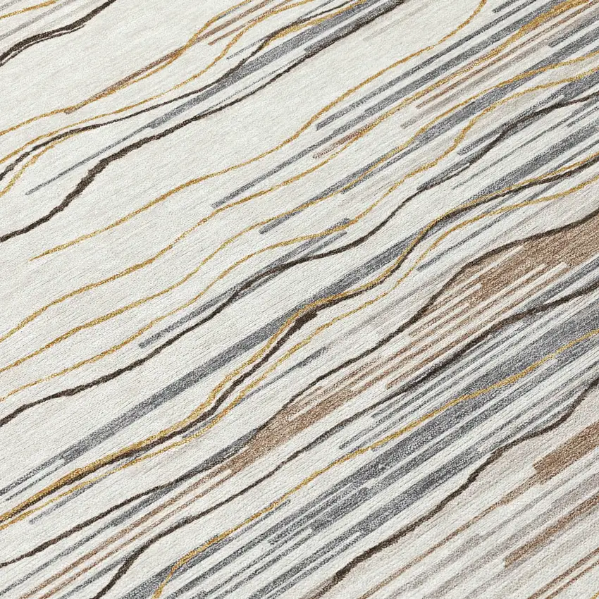 Ivory Brown And Gray Striped Washable Indoor Outdoor Area Rug Photo 6