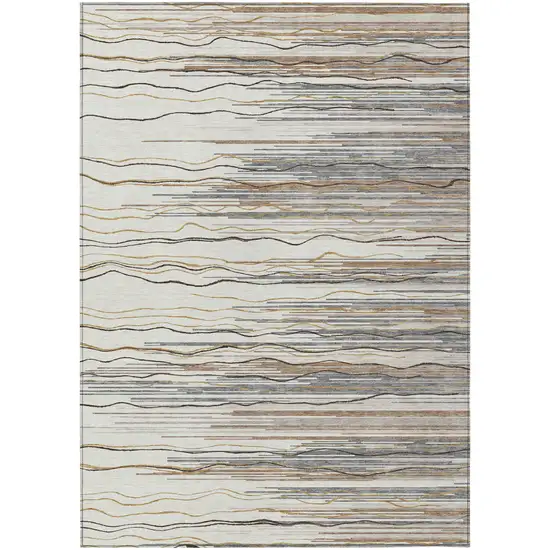 Ivory Brown And Gray Striped Washable Indoor Outdoor Area Rug Photo 2