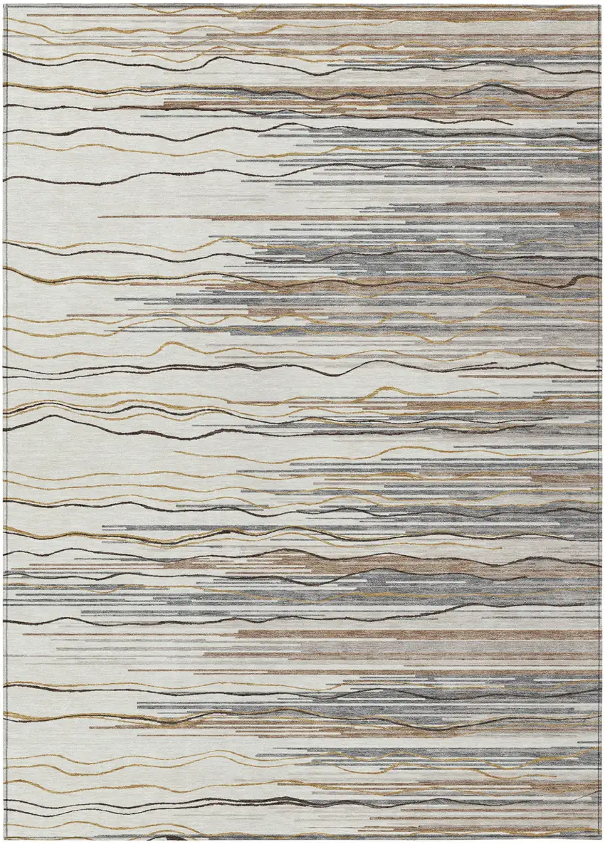 Ivory Brown And Gray Striped Washable Indoor Outdoor Area Rug Photo 2