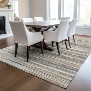 Photo of Ivory Brown And Gray Striped Washable Indoor Outdoor Area Rug