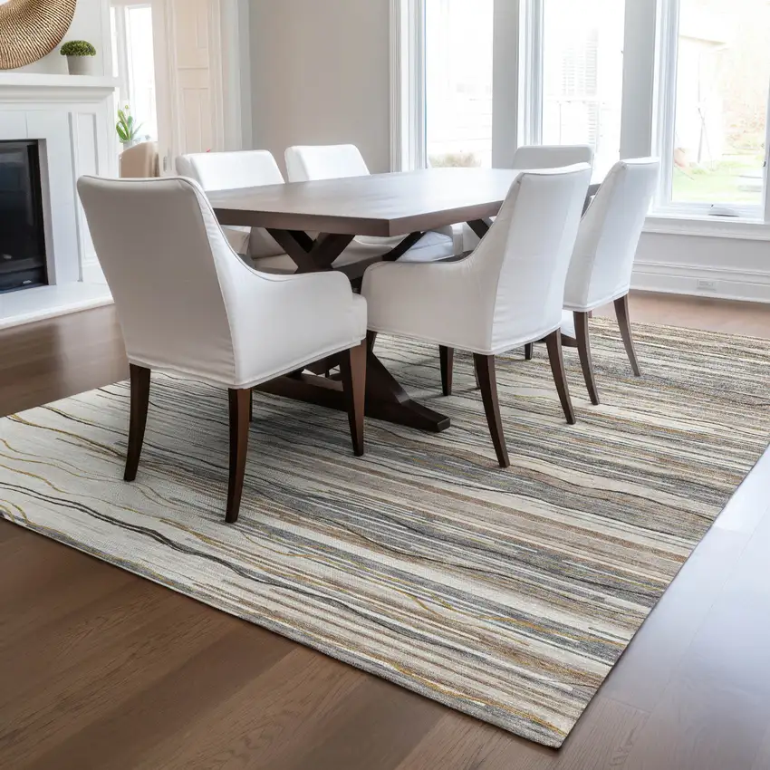 Ivory Brown And Gray Striped Washable Indoor Outdoor Area Rug Photo 9