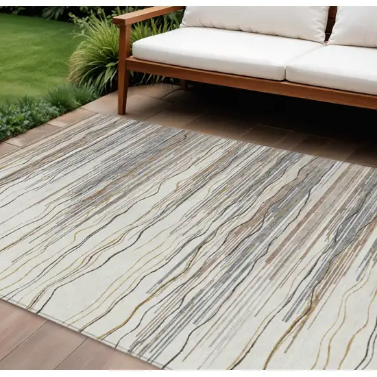 Ivory Brown And Gray Striped Washable Indoor Outdoor Area Rug Photo 1