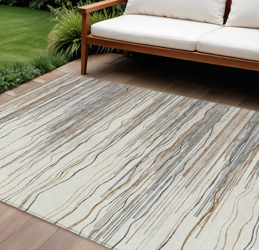 Ivory Brown And Gray Striped Washable Indoor Outdoor Area Rug Photo 1
