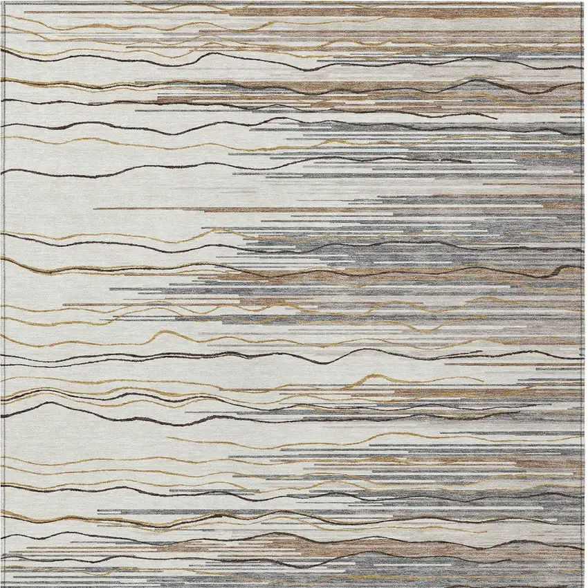 Ivory Brown And Gray Striped Washable Indoor Outdoor Area Rug Photo 5