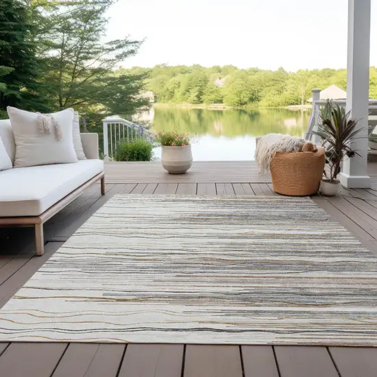 Ivory Brown And Gray Striped Washable Indoor Outdoor Area Rug Photo 9