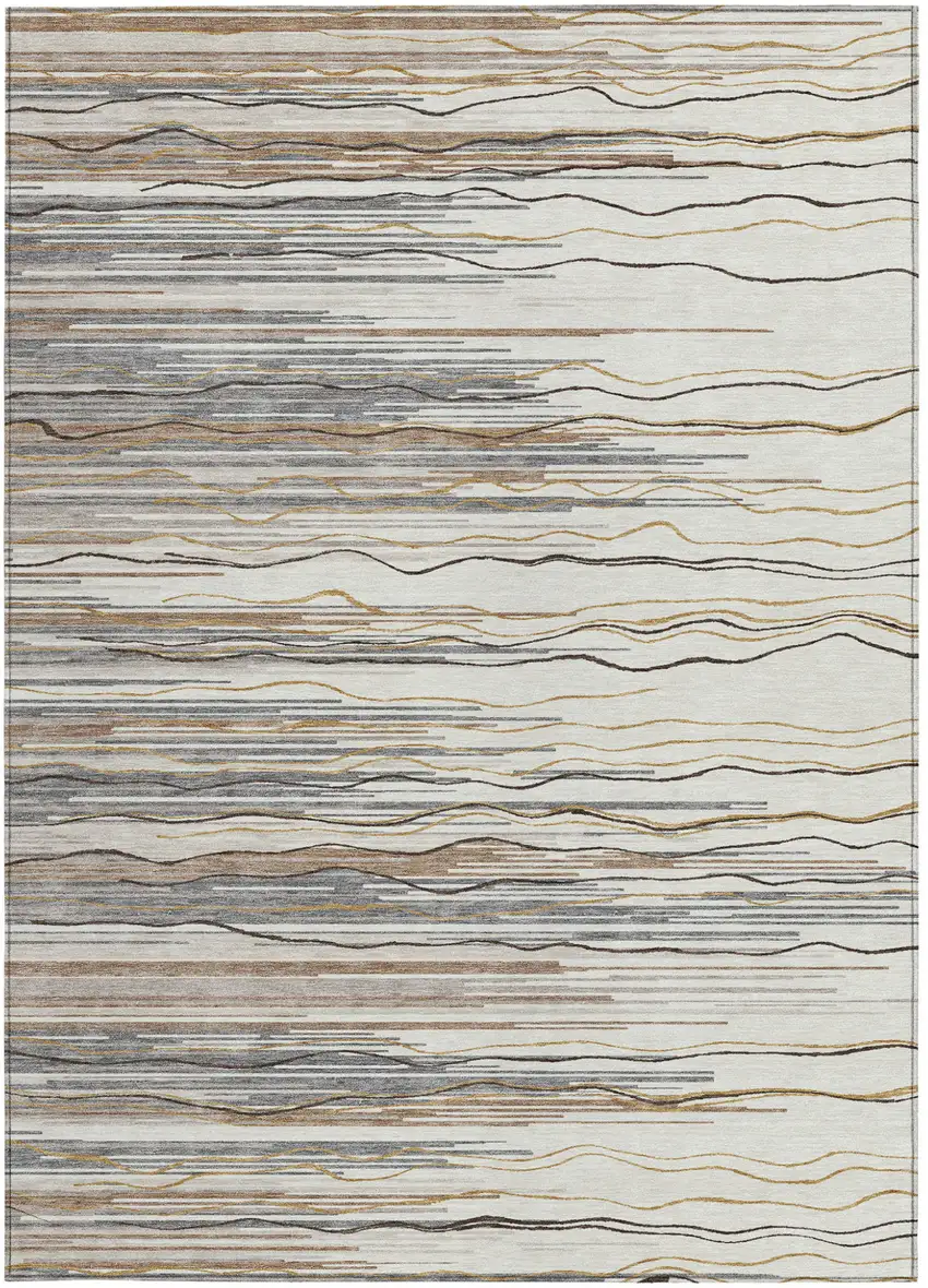 Ivory Brown And Gray Striped Washable Indoor Outdoor Area Rug Photo 6