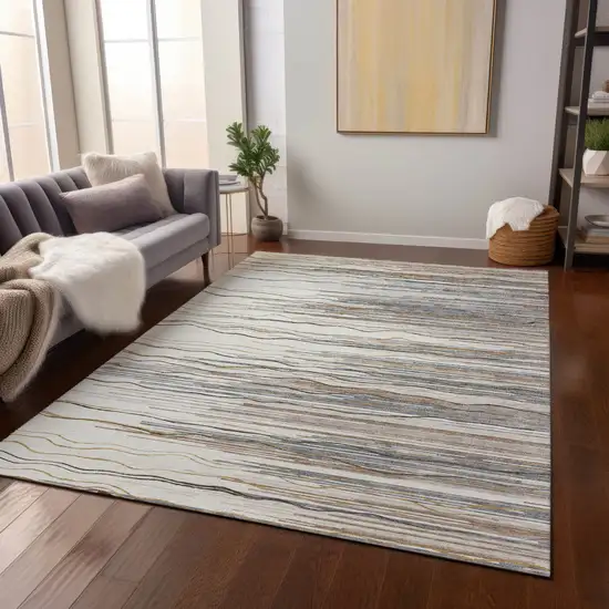 Ivory Brown And Gray Striped Washable Indoor Outdoor Area Rug Photo 8