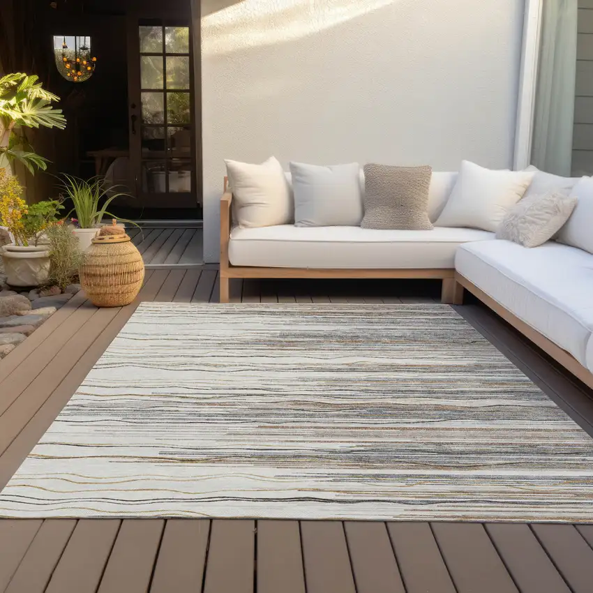 Ivory Brown And Gray Striped Washable Indoor Outdoor Area Rug Photo 7