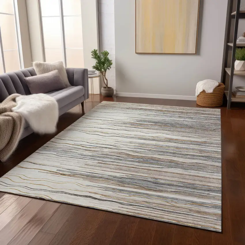 Ivory Brown And Gray Striped Washable Indoor Outdoor Area Rug Photo 8