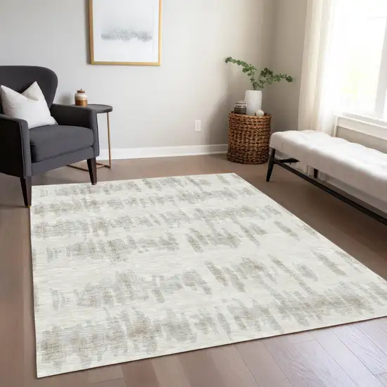 Ivory Brown And Gray Striped Washable Indoor Outdoor Area Rug Photo 9