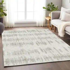 Photo of Ivory Brown And Gray Striped Washable Indoor Outdoor Area Rug