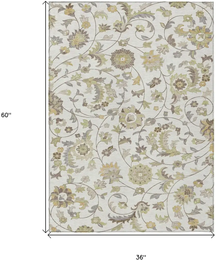 Ivory Brown And Green Floral Washable Indoor Outdoor Area Rug Photo 3