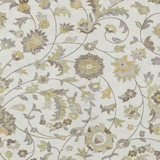 Ivory Brown And Green Floral Washable Indoor Outdoor Area Rug Photo 5