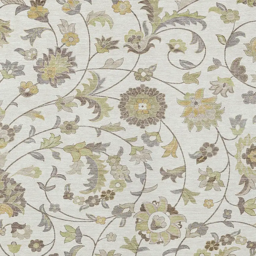Ivory Brown And Green Floral Washable Indoor Outdoor Area Rug Photo 5
