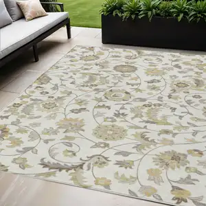 Photo of Ivory Brown And Green Floral Washable Indoor Outdoor Area Rug
