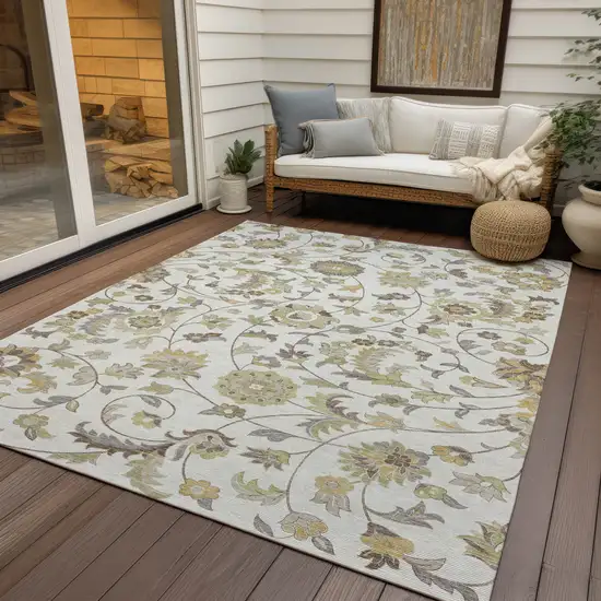 Ivory Brown And Green Floral Washable Indoor Outdoor Area Rug Photo 7