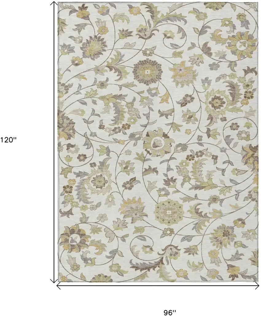 Ivory Brown And Green Floral Washable Indoor Outdoor Area Rug Photo 3