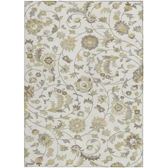 Ivory Brown And Green Floral Washable Indoor Outdoor Area Rug Photo 6