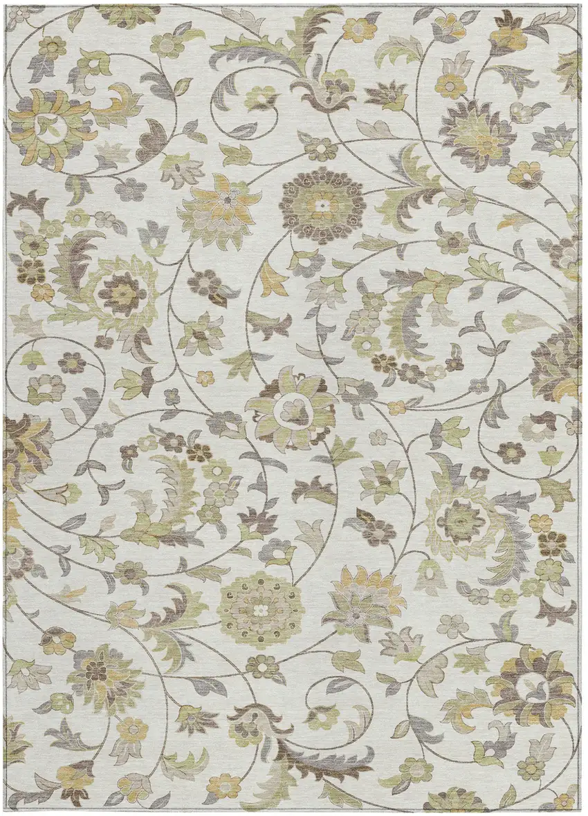 Ivory Brown And Green Floral Washable Indoor Outdoor Area Rug Photo 6